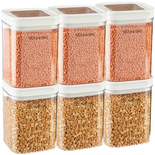Floraware Food Safe Plastic Multiuse Square Lock & Lock Airtight Container,Multipurpose Jar, Grocery Container 1150ml, Set 6, BPA Free, White