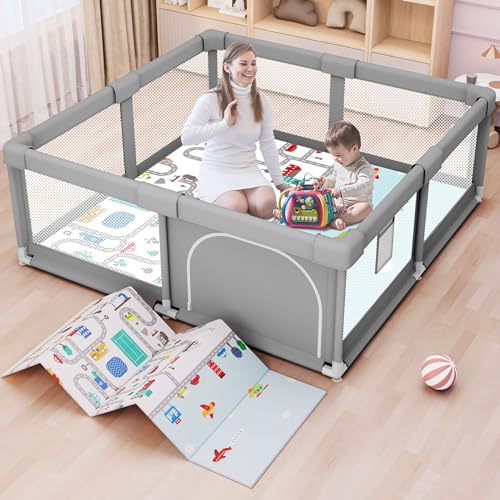 Baby Playpen with Mat 50x50 Inch, Play Pen for Babies and Toddlers with Gate, Baby Fence Sturdy Safety Playpen, Indoor & Outdoor Kids Activity Center