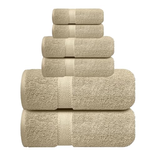Sulfar 100% Combed Cotton, 6 Pcs Towel Set - 2 Bath Towels (70 x 140 cm), 2 Hand Towels (40 x 70 cm) and 2 Face (30 x 30 cm) (600 GSM, Pack of 6) Beig