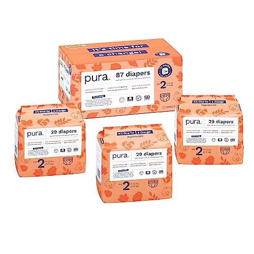 Pura Hypoallergenic Diapers, Size 2 (7-13 lbs) Totally Chlorine Free, Wetness Indicator, Suitable for Sensitive Skin, Soft Organic Cotton, Overnight, 3 Packs of 29 (87 Baby Diapers)