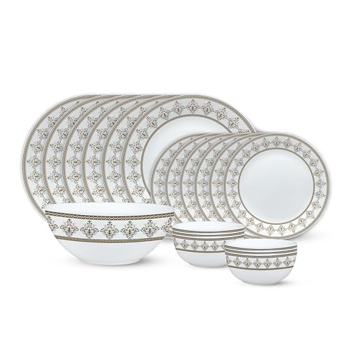 Larah by Borosil Syrah Kohinoor Series Opalware Dinner Set | 19 Pcs for Family of 6 | Microwave & Dishwasher Safe | Bone-Ash Free | Crockery Set for D