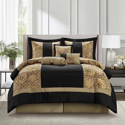 Stratford Park Black and Gold Comforter Sets for Queen Bed, 7 Piece, Home Decor, Premium Lightweight Microfiber, Matching Bedskirt, Pillows & Shams