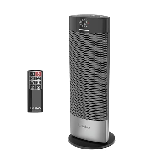 Lasko Ellipse Ceramic Tower Heater for Home with Tipover Switch, Child Lock, Digital Display, Thermostat, Wide Oscillation, Remote, Timer, For Bedroom, Office, Living Room, Den, 1500W, Black, CT18950
