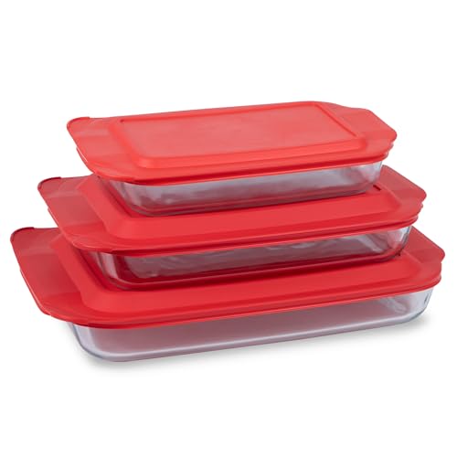 Pyrex Basics 3-Pack Glass Baking Dish Set (2QT, 3QT, 4.8QT) With BPA-Free Lids, Rectangular Glass Bakeware, Dishwasher, Microwave, Freezer & Pre-Heated Oven Safe