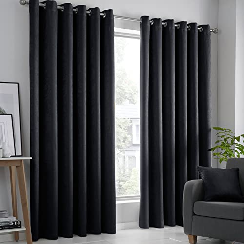 Fusion Strata Black Eyelet Curtains W66 x L72 (168x183cm) – 2 Panels – Thermal Insulated Drapes for Bedroom or Living Room – Modern Blackout Window Treatment – Cotton-Look Home Decor