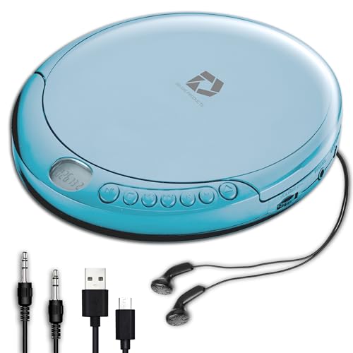 Deluxe Products CD Player Portable with 60 Second Anti Skip, Stereo Earbuds, Includes Aux in Cable and AC USB Power Cable for use at Home or in Car. Blue