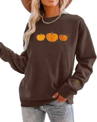 JINTING Pumpkin Sweatshirt for Women Crewneck Fall Sweatshirts Autumn Graphic Tee Shirt Halloween Long Sleeve Top Brown