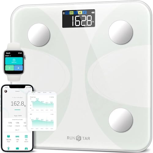 Runstar Smart Scale for Body Weight and Fat Percentage, High Accuracy Digital Bathroom Scale with LCD Display for BMI 13 Body Composition Analyzer Sync with Fitness App - White