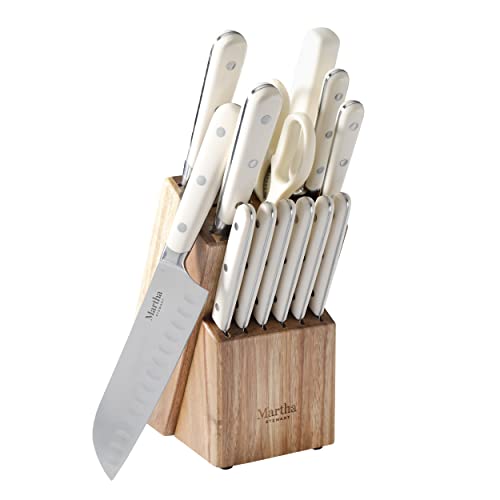 Martha Stewart Ruxton 14 Piece High Carbon Stainless Steel Cutlery Knife Block Set w/ABS Triple Riveted Forged Handle Ashwood Block - Linen