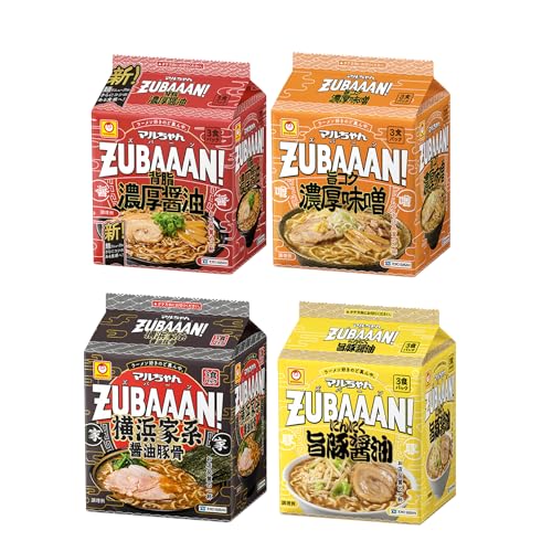 【Amazon.co.jp 限定】マルちゃん ZUBAAAN! 3食パック 4種 セット (横浜家系醤油豚骨、背脂濃厚醤油、旨コク濃厚味噌、にんにく旨豚醤油 各1袋 計4袋 12食 袋麺 詰め合わせ インスタント)