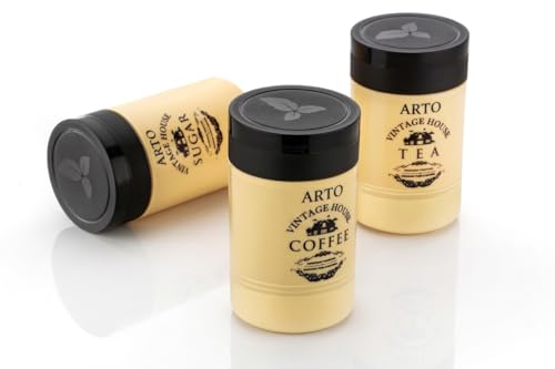 ARTO Vintage House Canisters Set of 3-800ml Tea Coffee Sugar Storage Jars - Printed Airtight Plastic Containers with Lids for Pantry Organizer - Retro