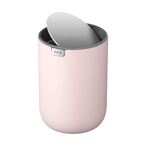 EKO Mini Desk Trash Can with Swing-Top Lid 0.4 Gallon Small Table Round Wastebasket for Office, Home, Car (Pink)