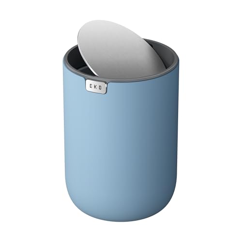 EKO Mini Desk Trash Can with Swing-Top Lid 0.4 Gallon Small Table Round Wastebasket for Office, Home, Car (Blue)