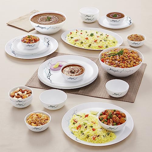 Moon Sara Dinner Set - 27 Pcs, Opal Glass Dinner Plates & Bowls Crockery Set for Dinning, White