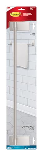 Command Bath Satin Nickel Towel Bar with Water Resistant Command Strips, Bathroom Organizer, 24 in Bar Length Holds up to 10 lbs
