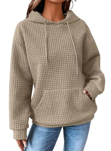 SHEWIN Womens Hoodies Casual Long Sleeve Drawstring Waffle Hoodie Pullover Sweatshirts Loose Hooded Sweatshirt for Women Trendy Fall Tops,US 12-14(L),Khaki