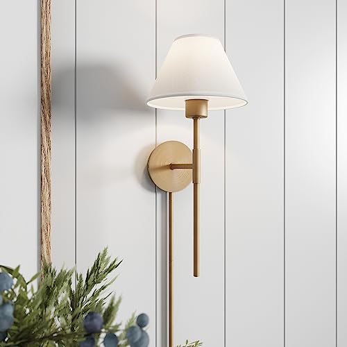 Nathan James Millie Plug-in Wall Sconce, Wall Mounted Bedside Reading Lamp with Cotton Shade and Brass Back Plate