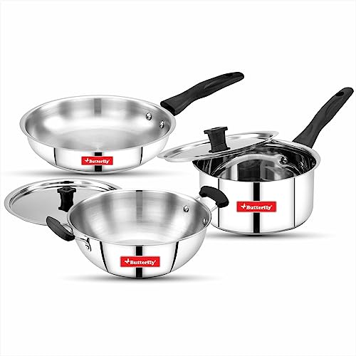 Butterfly Classic Stainless Steel Cookware 5 Pcs Set|Fry Pan 22Cm(1.4L)|Kadai 22Cm(2.2L)|Saucepan 16Cm(1.6L) with Steel Lids|Induction Base,Triply Bot