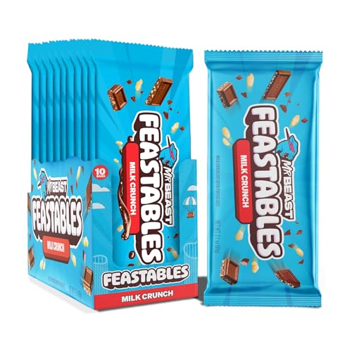 Feastables MrBeast Milk Chocolate Crunch Chocolate Bar, King Size Candy Bar for Adults & Kids, Candy Bars for Snacks, Gifts, & Dessert, Sweet & Creamy Quality Fairtrade Cocoa, 2.1 Oz Each, 10 Count