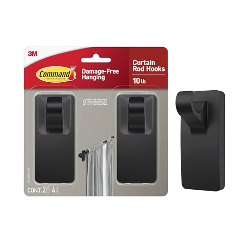 Command 10 lb Matte Black Curtain Rod Hooks, 2 Hooks and 4 Command Strips, No Drilling Home Decor and Room Decor, Use with Rod Diameters 0.5-0.75"
