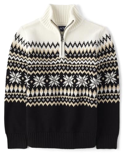 The Children's Place Boys' Long Sleeve Sweater, Black Fairisle Quarter Zip, Medium