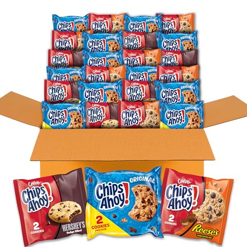 CHIPS AHOY! Cookies Variety Pack, Original Chocolate Chip, Chewy Chocolate Chip with Reese's Peanut Butter Cups & Chewy Hershey's Fudge Filled Soft Cookies, 50 Snack Packs