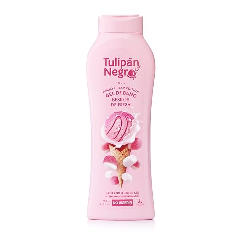 Tulipán Negro Gel de Baño Besitos de Fresa, 650 ml | Gel de Ducha Nutritivo e Hidratante con Fragancia Dulce de Fresa para una Piel Suave y Perfumada