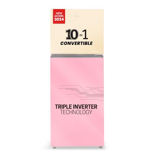 Haier 328 L, 3 Star, Convertible 10-in-1 Triple Inverter & Fan Motor Technology, Frost Free Double Door Refrigerator (HRF-3783CPG-P, Cream Pink Glass)