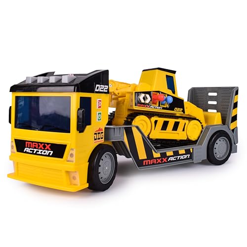 Maxx Action Sunny Days Entertainment 2-N-1 Mega Mover – Construction Truck and Trailer with Lights, Sounds and Motorized Drive, Yellow, Large