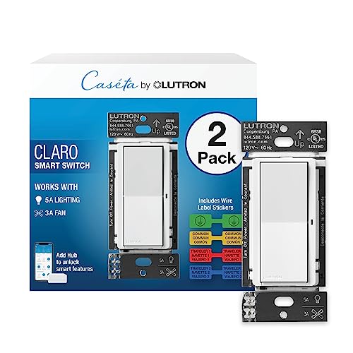 Lutron Claro Smart Light Switch for Caseta Lighting, for LED Lights, Fans, 5 Amp, Single-Pole/3-Way, Neutral Required, DVRF-5NSS-WH-2, White, 2 Pack