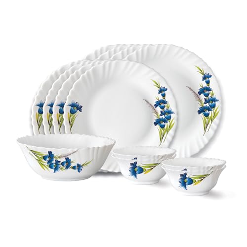 Larah by Borosil Nina Fluted Series Opalware Dinner Set | 13 Pieces for Family of 4 | Microwave & Dishwasher Safe | Bone-Ash Free | Crockery Set for D