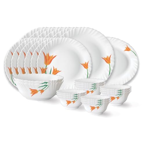Larah by Borosil Firefly Fluted Series Opalware Dinner Set of 6 Full Plate 6 Quarter Plates 6 Veg Bowls 6 Soup Bowl 2 Serving Bowl and 1 Oval Rice Pla