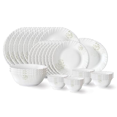 Larah by Borosil Ingot Fluted Series Opalware Dinner Set | 36 Pieces for Family of 8 | Microwave & Dishwasher Safe | Bone-Ash Free | Crockery Set for 