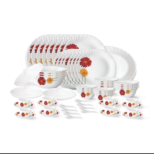 Larah by Borosil Zinnia Fluted Series Opalware Dinner Set | 63 Pieces for Family of 8 | Microwave & Dishwasher Safe | Bone-Ash Free | Crockery Set for