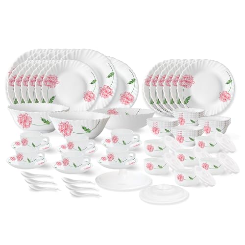 Red Mist Fluted Series Opalware Dinner Set | 66 Pieces for Family of 6 | Microwave & Dishwasher Safe | Bone-Ash Free | Crockery Set for Dining & Gifti