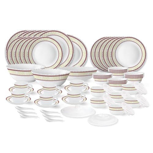 Larah by Borosil Elega Fluted Series Opalware Dinner Set | 66 Pieces for Family of 6 | Microwave & Dishwasher Safe | Bone-Ash Free | Crockery Set for 