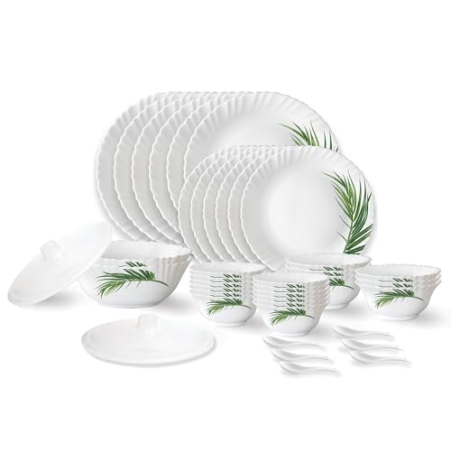 Larah by Borosil Crescent Fluted Series Opalware Dinner Set | 40 Pieces for Family of 6 | Microwave & Dishwasher Safe | Bone-Ash Free | Crockery Set f