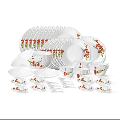 Larah by Borosil Red Iris Fluted Series Opalware Dinner Set | 63 Pieces for Family of 8 | Microwave & Dishwasher Safe | Bone-Ash Free | Crockery Set f