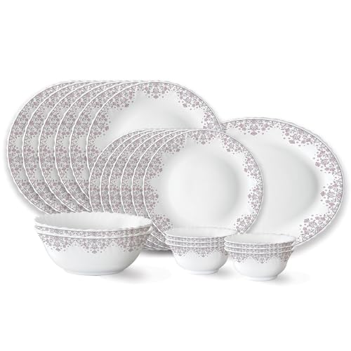 Larah by Borosil Lark Fluted Series Opalware Dinner Set | 21 Pieces for Family of 6 | Microwave & Dishwasher Safe | Bone-Ash Free | Crockery Set for D