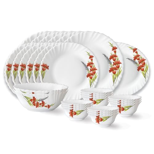 Larah by Borosil Red Iris Fluted Series Opalware Dinner Set | 27 Pieces for Family of 6 | Microwave & Dishwasher Safe | Bone-Ash Free | Crockery Set f