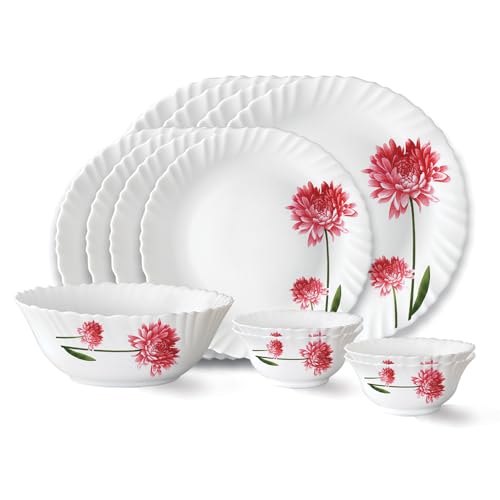 Larah by Borosil Belle Fluted Series Opalware Dinner Set | 13 Pieces for Family of 4 | Microwave & Dishwasher Safe | Bone-Ash Free | Crockery Set for 