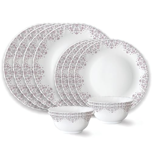 Larah by Borosil Lark Fluted Series Opalware Dinner Set | 12 Pieces for Family of 4 | Microwave & Dishwasher Safe | Bone-Ash Free | Crockery Set for D