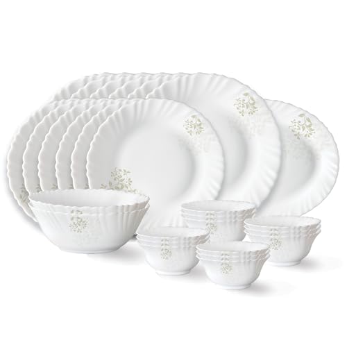 Ingot Fluted Series Opalware Dinner Set | 27 Pieces for Family of 6 | Microwave & Dishwasher Safe | Bone-Ash Free | Crockery Set for Dining & Gifting 