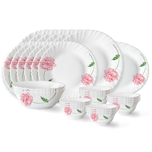 Larah by Borosil Red Mist Fluted Series Opalware Dinner Set | 27 Pieces for Family of 6 | Microwave & Dishwasher Safe | Bone-Ash Free | Crockery Set f