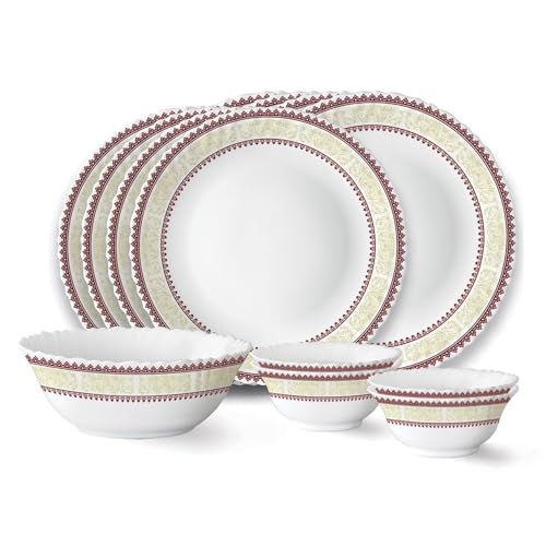 Elega Fluted Series Opalware Dinner Set Of 4 Full Plate, 4 Quarter Plates, 4 Veg Bowls and 1 Serving Bowl | Bone-Ash Free Crockery Set for Dining Tabl