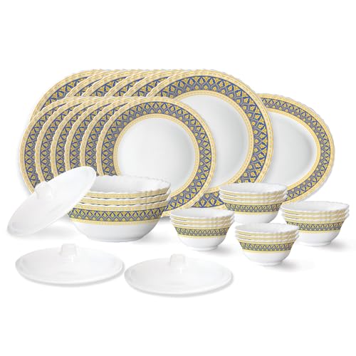 Regal Fluted Series Opalware Dinner Set | 31 Pieces for Family of 6 | Microwave & Dishwasher Safe | Bone-Ash Free | Crockery Set for Dining & Gifting 