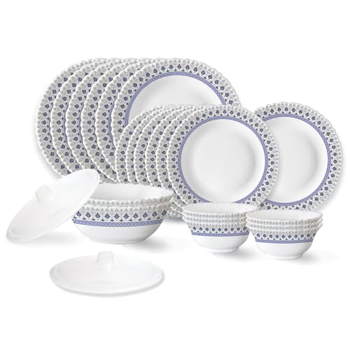Ocean Fluted Series Opalware Dinner Set | 23 Pieces for Family of 6 | Microwave & Dishwasher Safe | Bone-Ash Free | Crockery Set for Dining & Gifting 