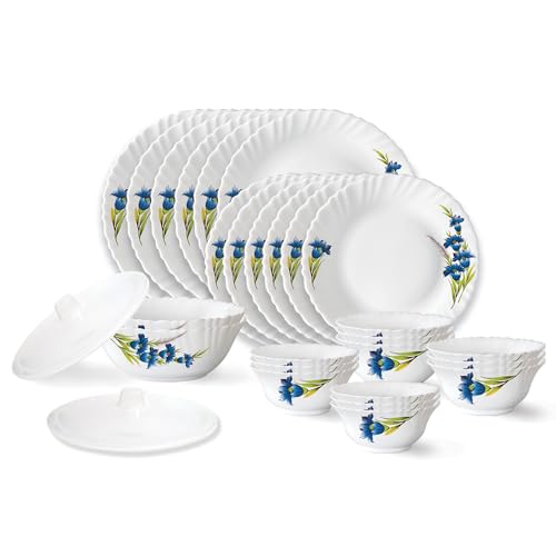 Nina Fluted Series Opalware Dinner Set | 28 Pieces for Family of 6 | Microwave & Dishwasher Safe | Bone-Ash Free | Crockery Set for Dining & Gifting |