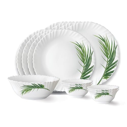 Crescent Fluted Series Opalware Dinner Set | 13 Pieces for Family of 4 | Microwave & Dishwasher Safe | Bone-Ash Free | Crockery Set for Dining & Gifti