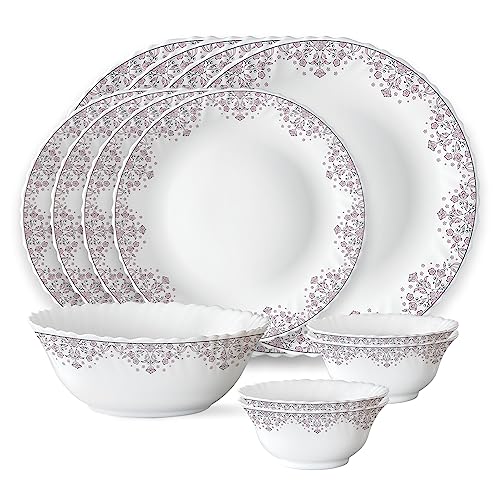 Larah by Borosil Lark Fluted Series Opalware Dinner Set | 13 Pieces for Family of 4 | Microwave & Dishwasher Safe | Bone-Ash Free | Crockery Set for D